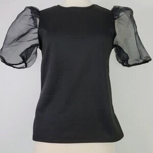 Dalin Black Sheer Puff Sleeve Top Women's Size M Round Neck‎